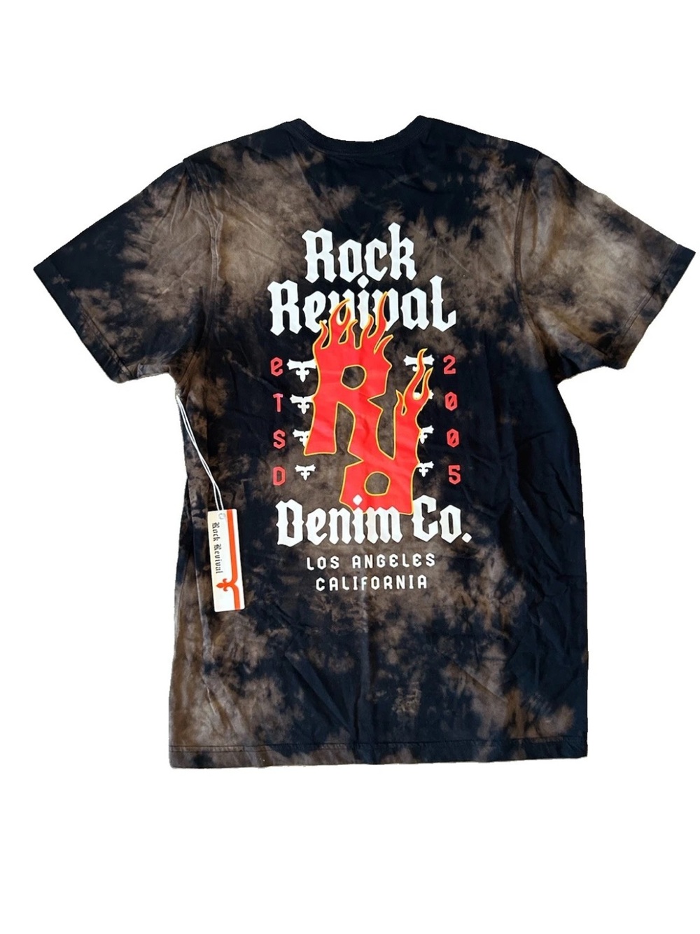 Rock Revival Mens M Brown Black Tie Dye Flame Graphic T Shirt NWT FBA7012